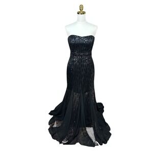 Tony Bowls Paris Black Sequin Strapless Mermaid Gown Beaded Waist Train Size 8